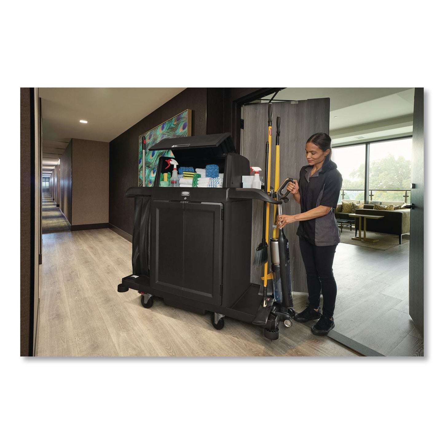 Rubbermaid® Commercial Housekeeping Cart with Hood and Doors, Plastic, 4 Shelves,1 Bin, 24.4 x 62.4 x 56.9, Black (RCP2202587)