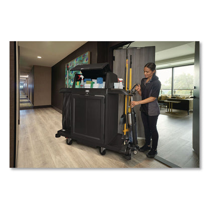 Rubbermaid® Commercial Housekeeping Cart with Hood and Doors, Plastic, 4 Shelves,1 Bin, 24.4 x 62.4 x 56.9, Black (RCP2202587)