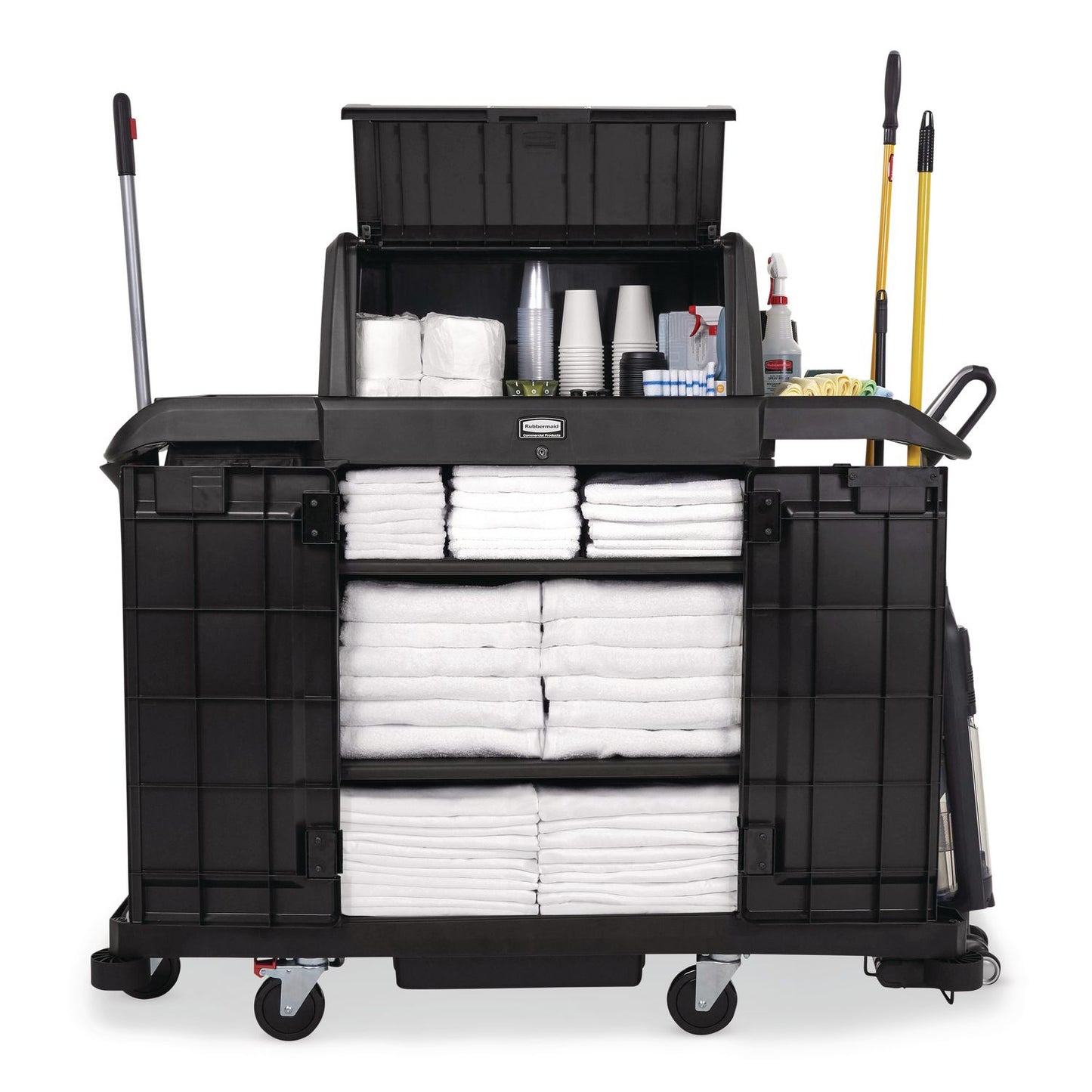 Rubbermaid® Commercial Housekeeping Cart with Hood and Doors, Plastic, 4 Shelves,1 Bin, 24.4 x 62.4 x 56.9, Black (RCP2202587)