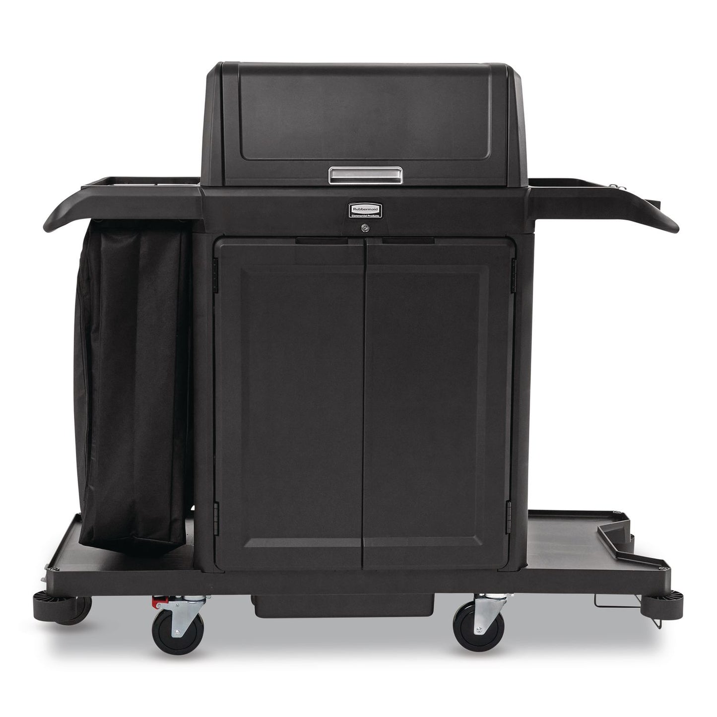 Rubbermaid® Commercial Housekeeping Cart with Hood and Doors, Plastic, 4 Shelves,1 Bin, 24.4 x 62.4 x 56.9, Black (RCP2202587)