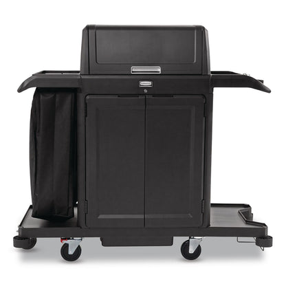 Rubbermaid® Commercial Housekeeping Cart with Hood and Doors, Plastic, 4 Shelves,1 Bin, 24.4 x 62.4 x 56.9, Black (RCP2202587)