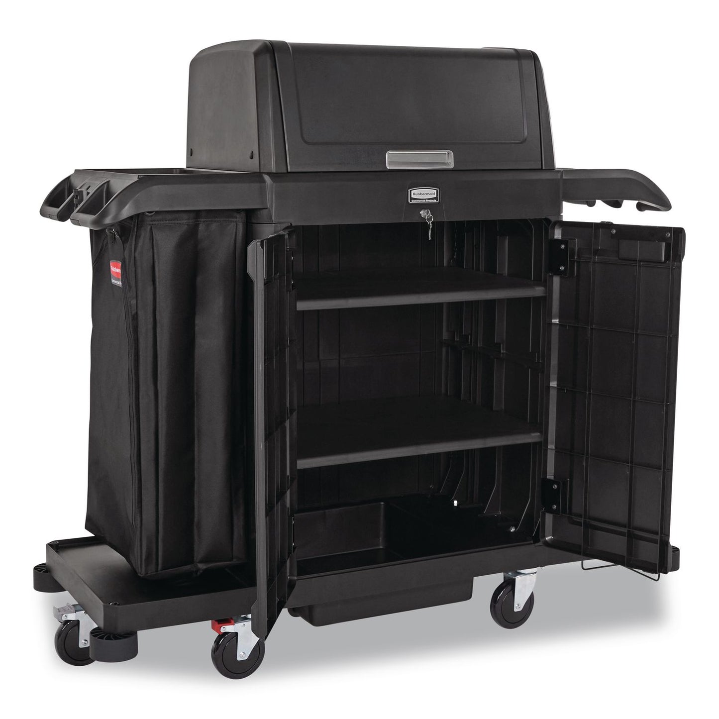 Rubbermaid® Commercial Housekeeping Cart with Hood and Doors, Plastic, 4 Shelves,1 Bin, 24.4 x 62.4 x 56.9, Black (RCP2202587)