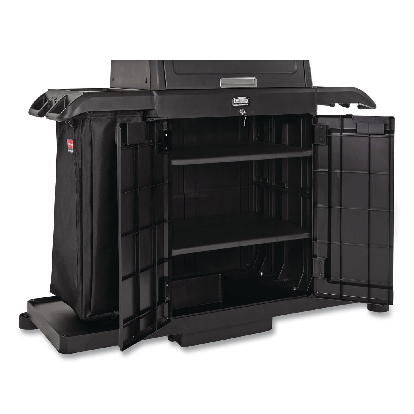 Rubbermaid® Commercial Housekeeping Cart with Hood and Doors, Plastic, 4 Shelves,1 Bin, 24.4 x 62.4 x 56.9, Black (RCP2202587)