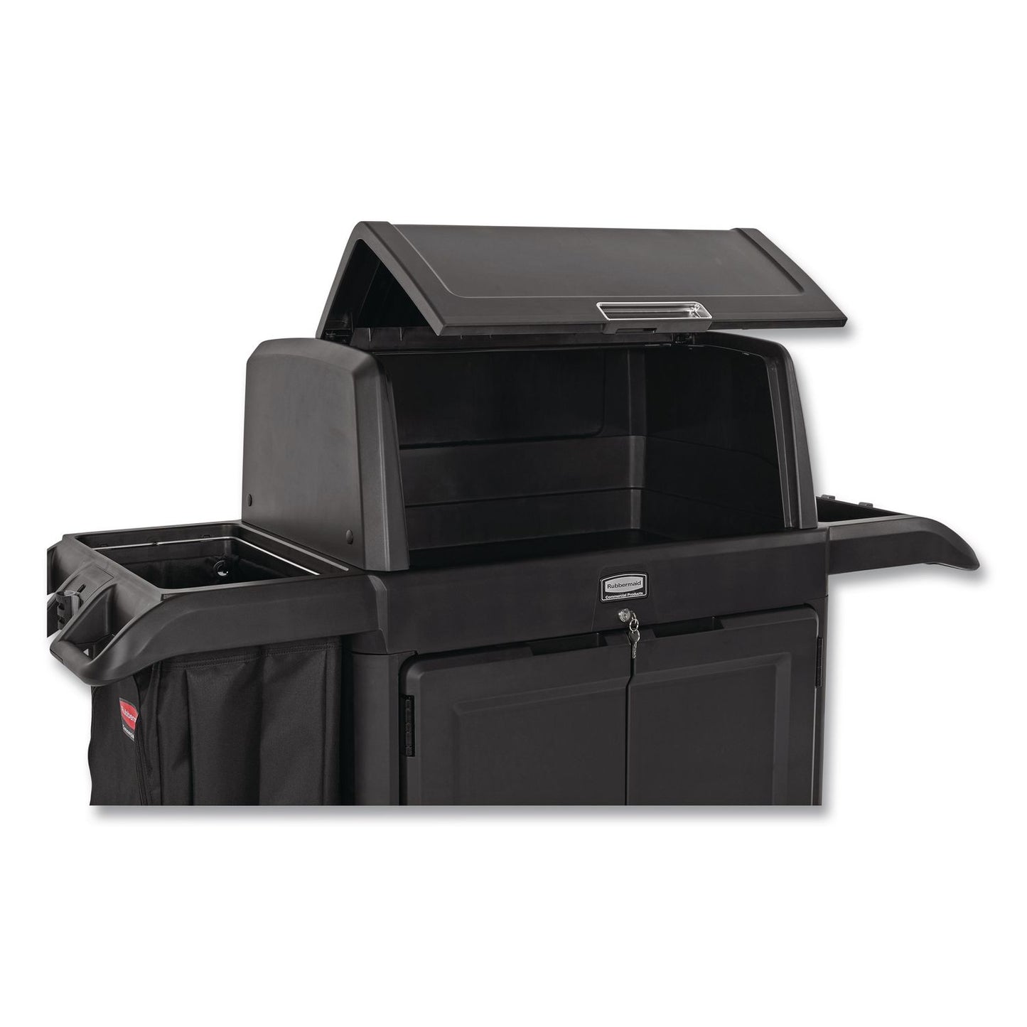 Rubbermaid® Commercial Housekeeping Cart with Hood and Doors, Plastic, 4 Shelves,1 Bin, 24.4 x 62.4 x 56.9, Black (RCP2202587)