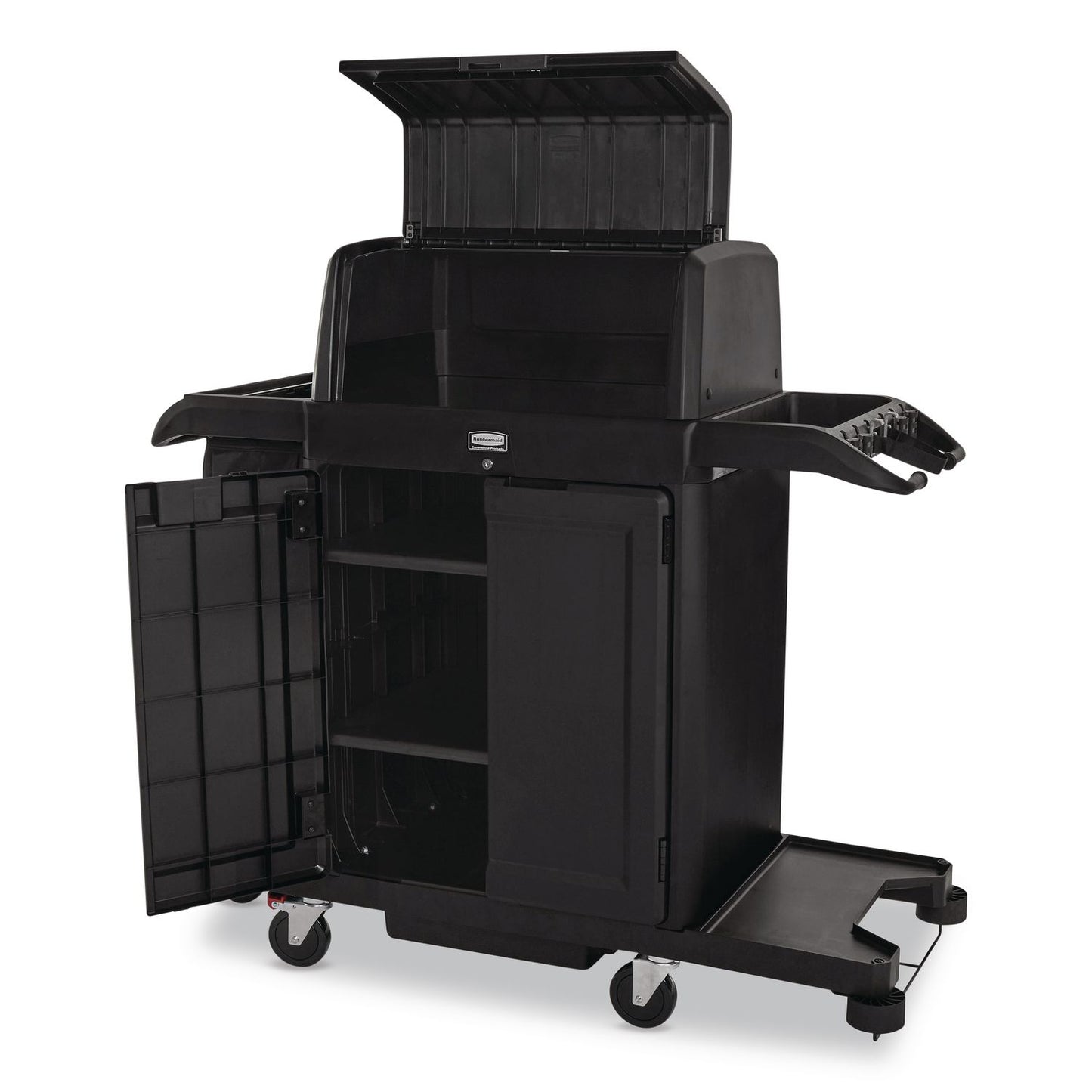 Rubbermaid® Commercial Housekeeping Cart with Hood and Doors, Plastic, 4 Shelves,1 Bin, 24.4 x 62.4 x 56.9, Black (RCP2202587)