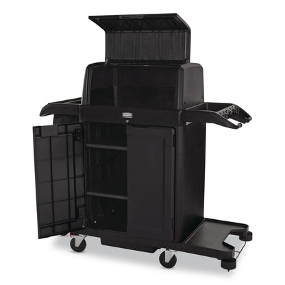 Rubbermaid® Commercial Housekeeping Cart with Hood and Doors, Plastic, 4 Shelves,1 Bin, 24.4 x 62.4 x 56.9, Black (RCP2202587)