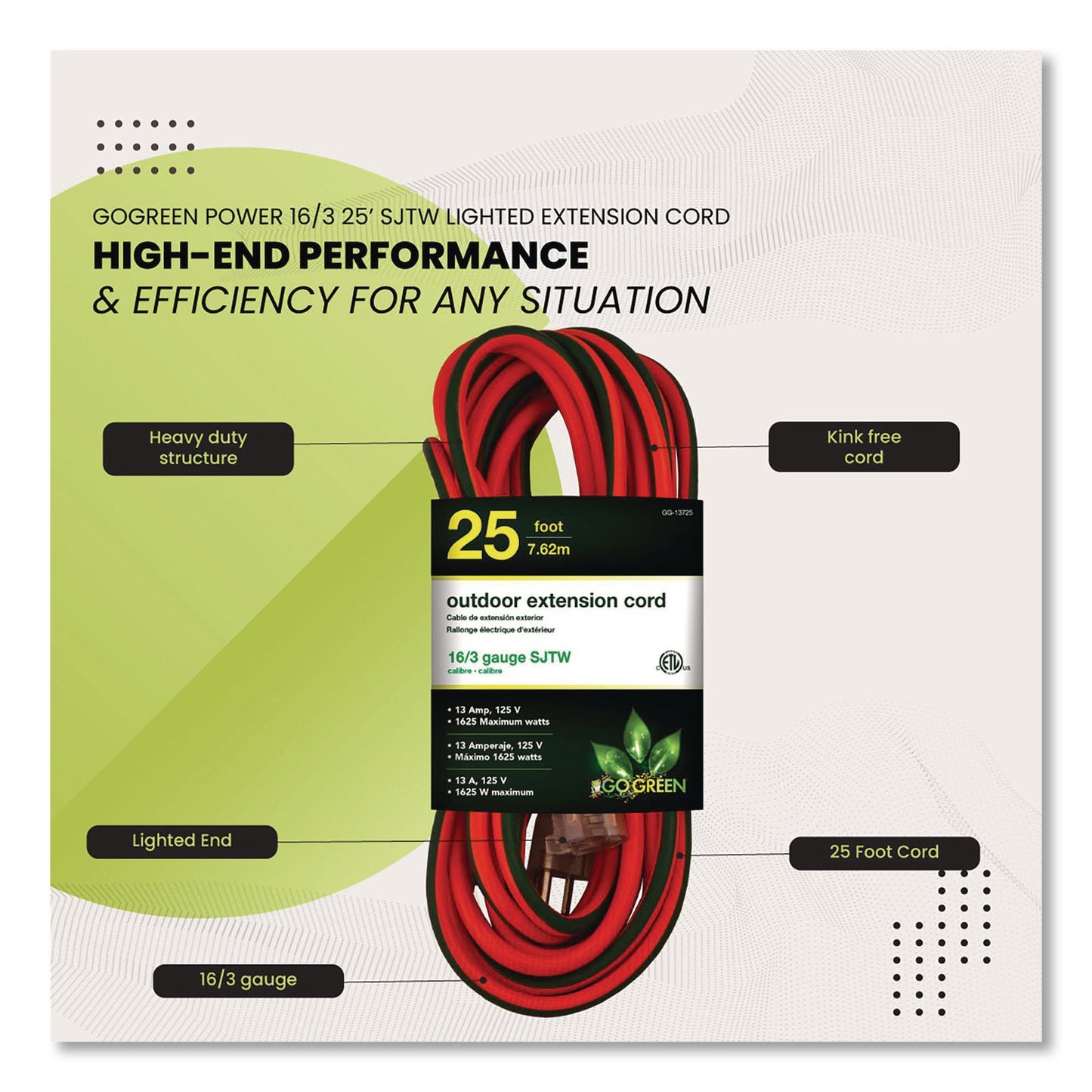 GoGreen Power 16 AWG Outdoor Extension Cord, 25 ft, 13 A, Orange (GGP13725)