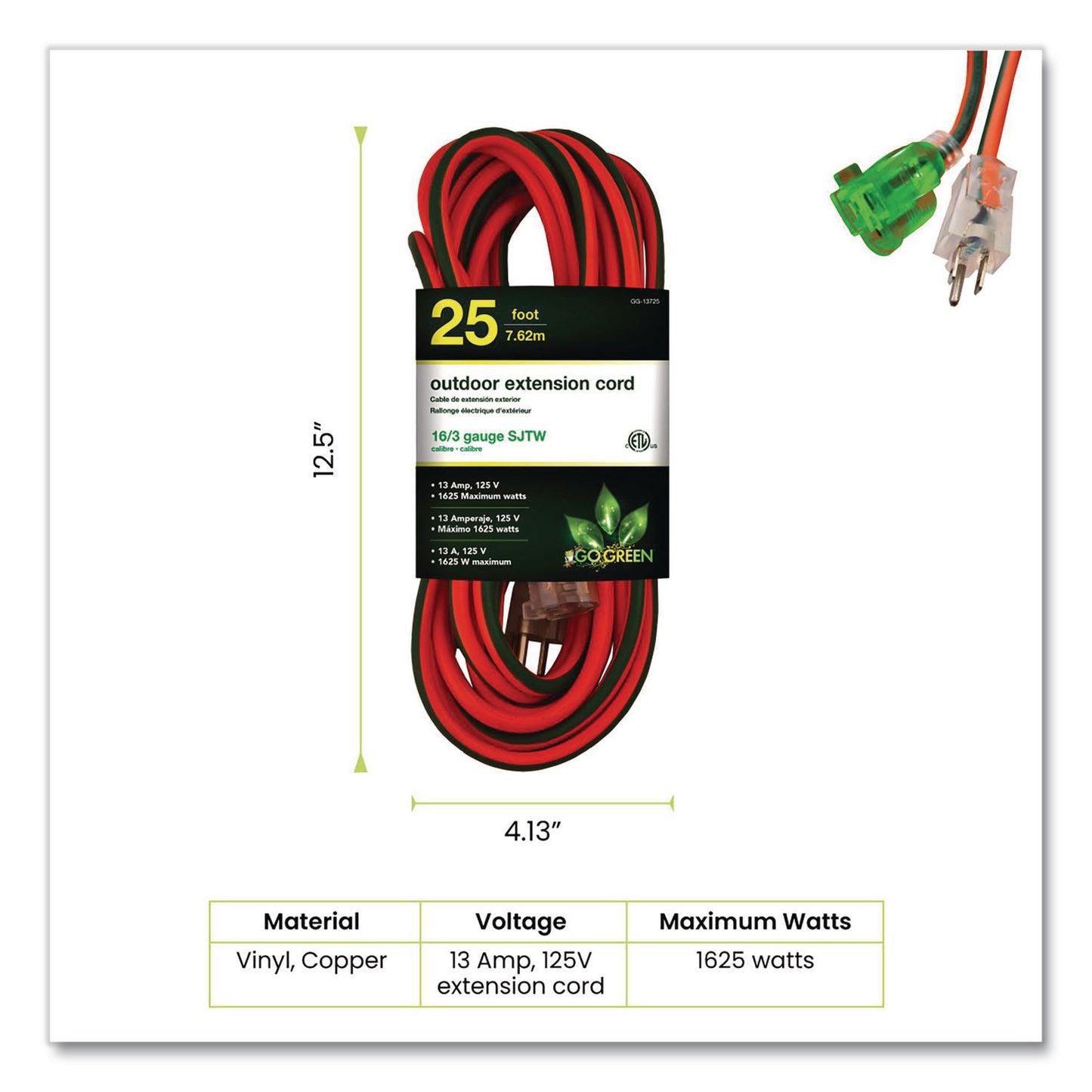 GoGreen Power 16 AWG Outdoor Extension Cord, 25 ft, 13 A, Orange (GGP13725)