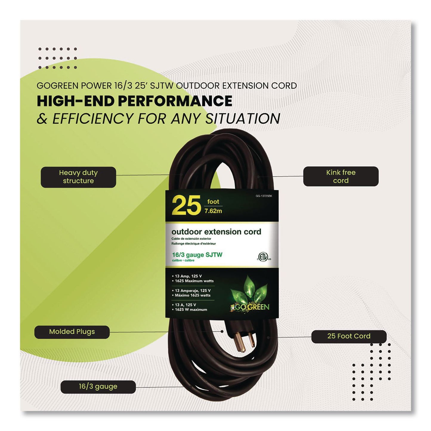 GoGreen Power 16 AWG Outdoor Extension Cord, 25 ft, 13 A, Black (GGP13725BK)