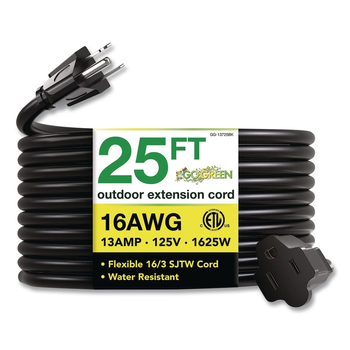 GoGreen Power 16 AWG Outdoor Extension Cord, 25 ft, 13 A, Black (GGP13725BK)