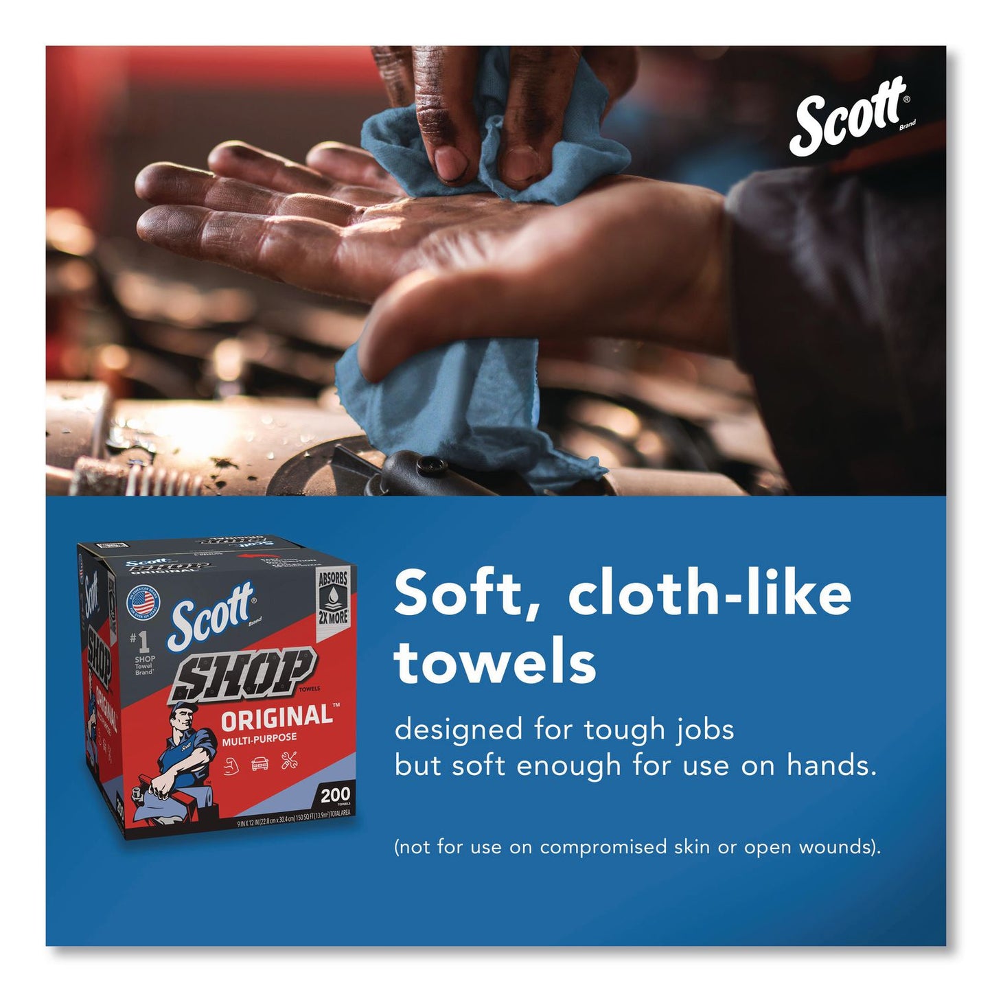 Scott® Shop Towels Original, 1-Ply, 9 x 12, Unscented, Blue, 200/Box (KCM75190BX)