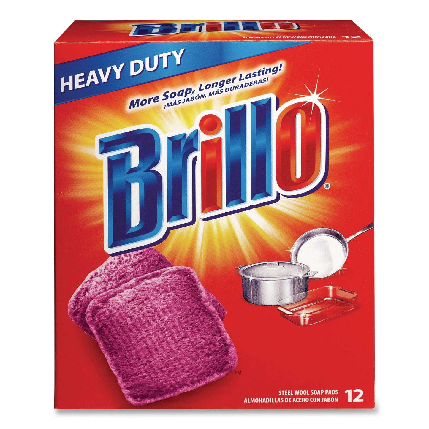 Brillo® Steel Wool Soap Pads, 3 x 3, Gray/Pink, 12 Pads/Box, 12 Boxes/Carton (AMY53335)