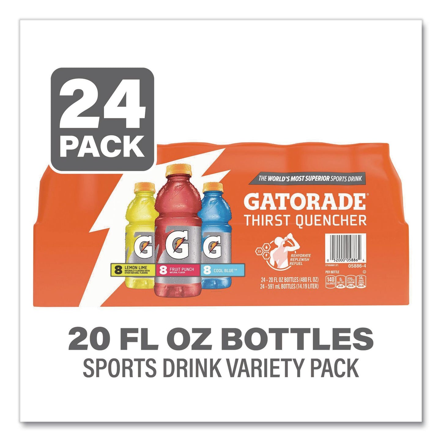 Gatorade® Rainbow Variety Pack, Cool Blue/Fruit Punch/Lemon Lime, 20 oz Bottle, 24/Carton (GRR22002675)