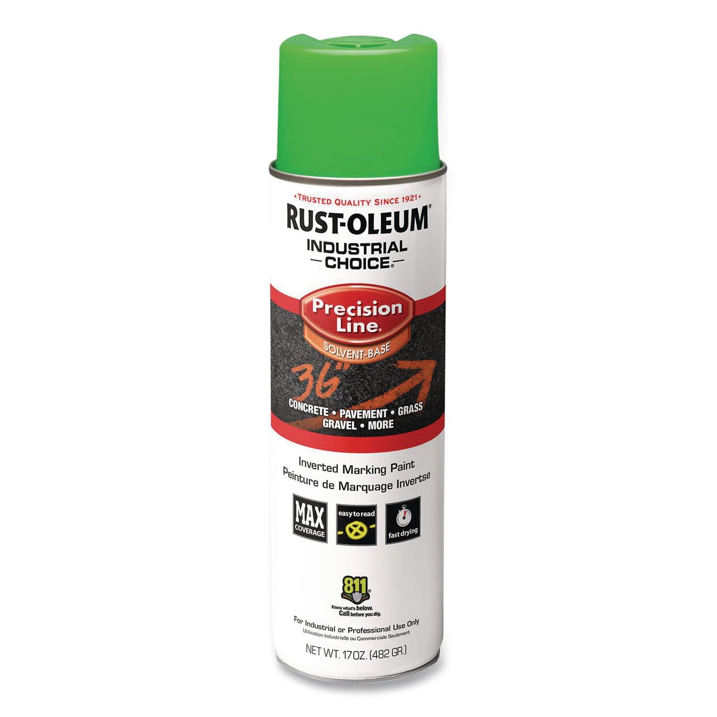 Rust-Oleum® Industrial Choice M1600 System Solvent-Based Precision Line Marking Paint, Flat Fluorescent Green, 17 oz Aerosol Can, 12/CT (RST203023V)