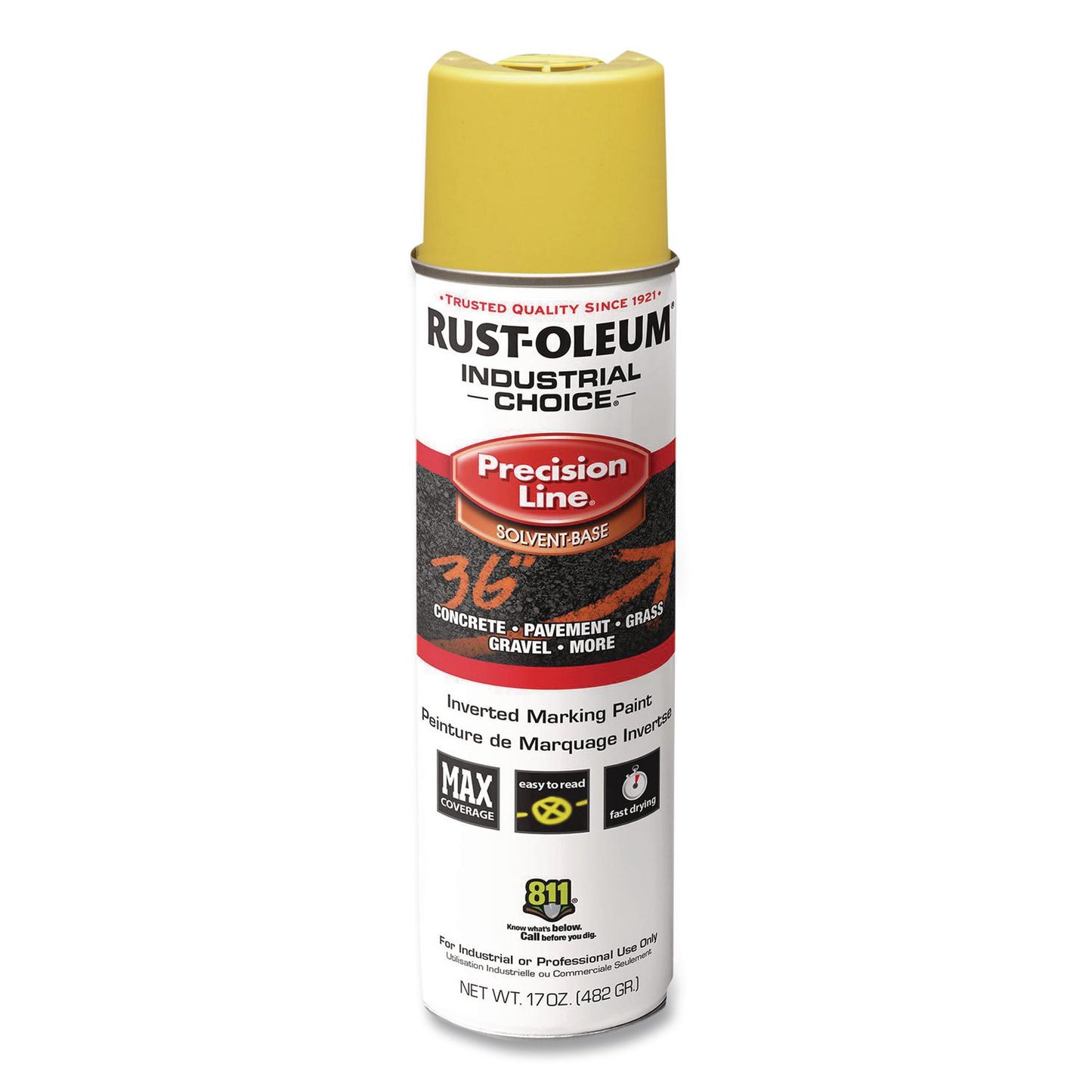 Rust-Oleum® Industrial Choice M1600 System Solvent-Based Precision Line Marking Paint, Flat Hi-Vis Yellow, 17 oz Aerosol Can, 12/Carton (RST203025V)