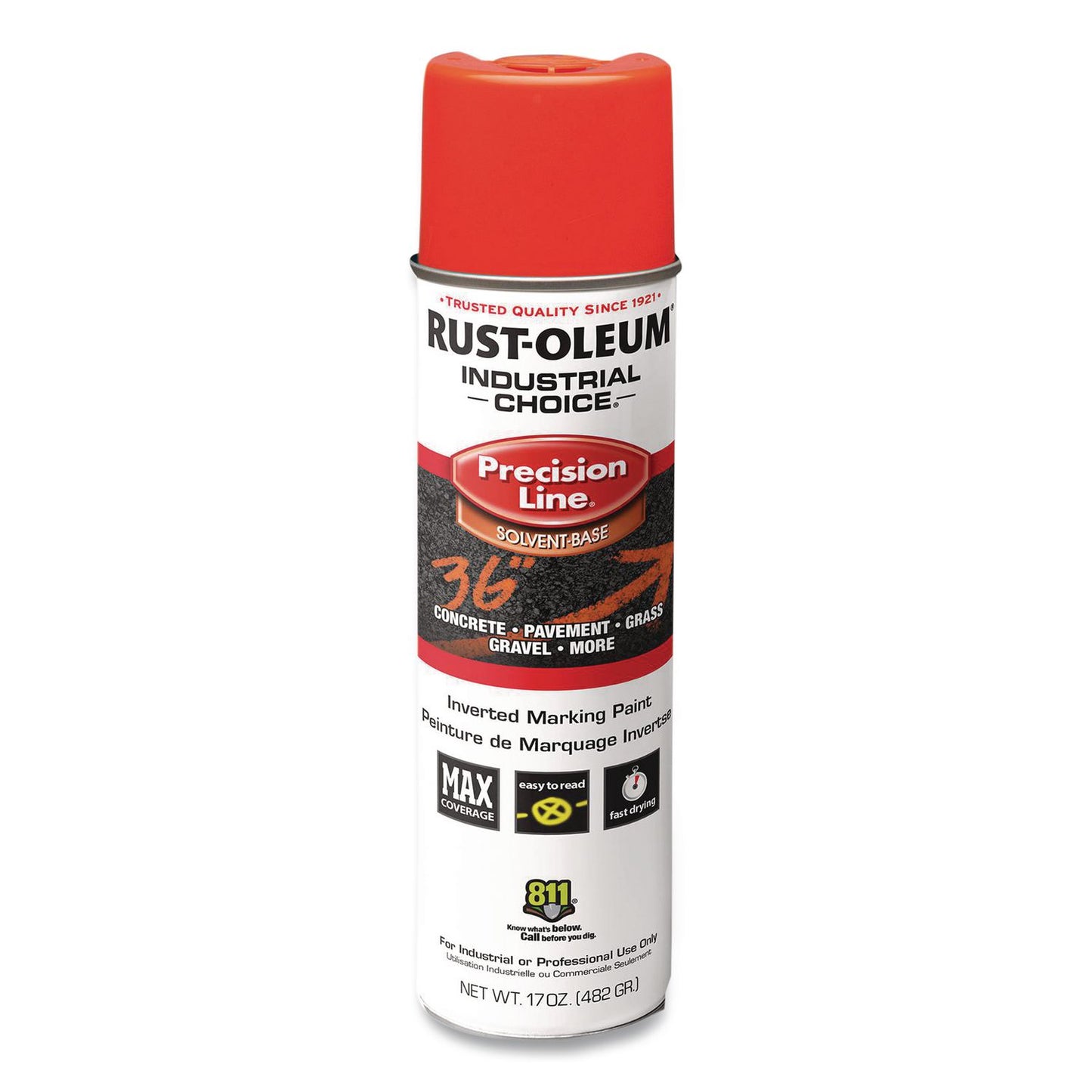 Rust-Oleum® Industrial Choice M1600 System Solvent-Based Precision Line Marking Paint, Flat Fluorescent Red-Orange,17oz Aerosol Can,12/CT (RST203028V)