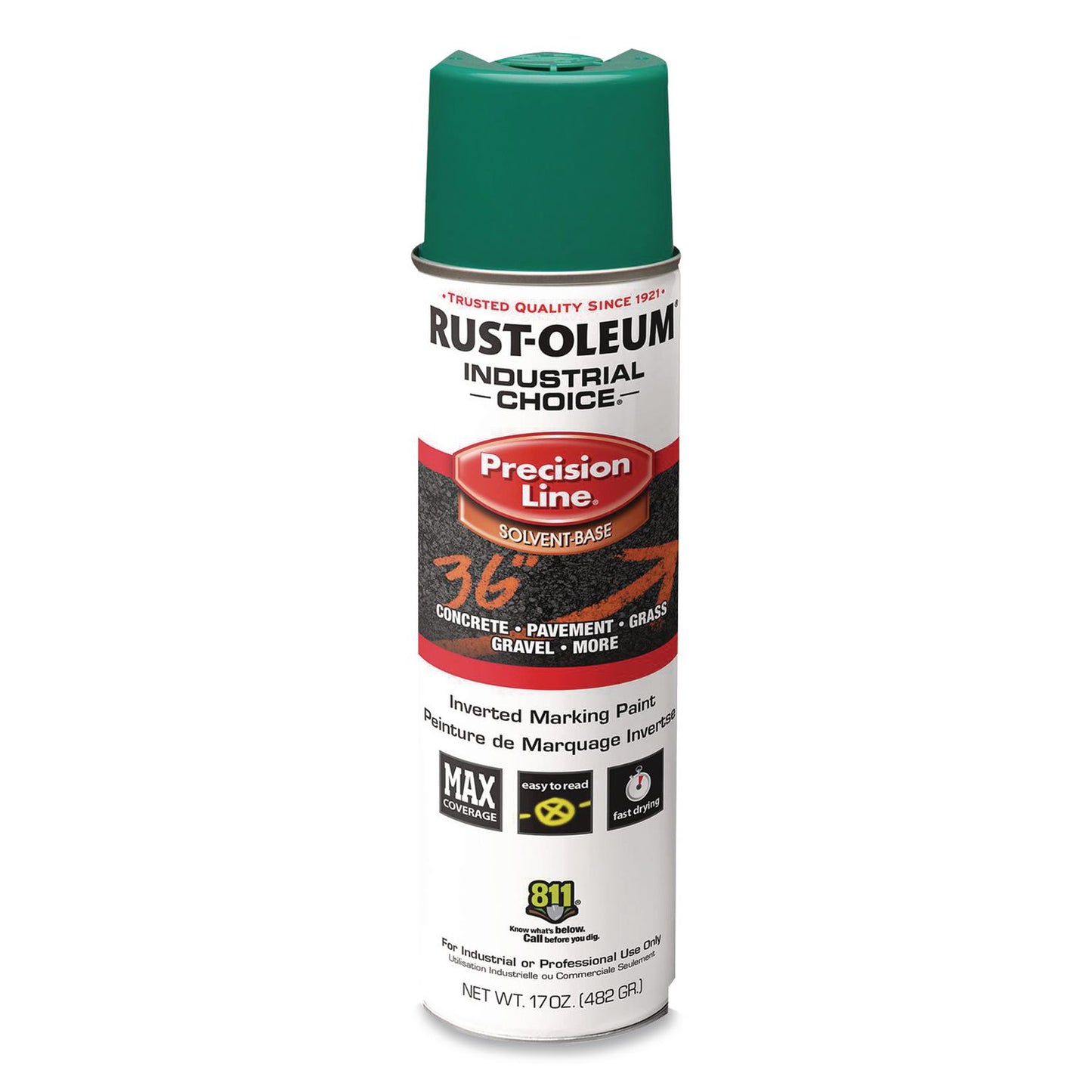 Rust-Oleum® Industrial Choice M1600 System Solvent-Based Precision Line Marking Paint, Flat Green, 17 oz Aerosol Can, 12/Carton (RST1634838V)