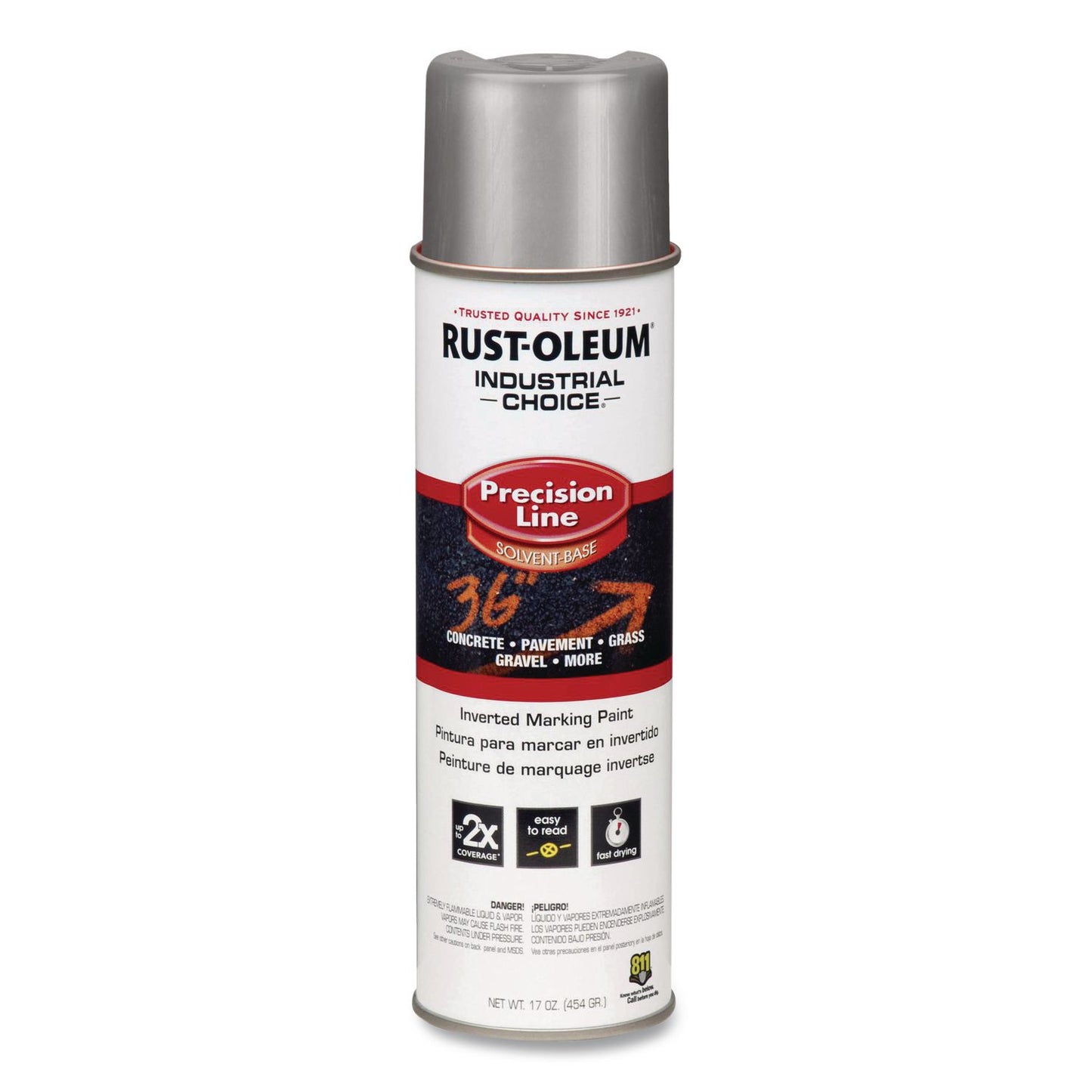 Rust-Oleum® Industrial Choice M1600 System Solvent-Based Precision Line Marking Paint, Flat Silver, 17 oz Aerosol Can, 12/Carton (RST239007)