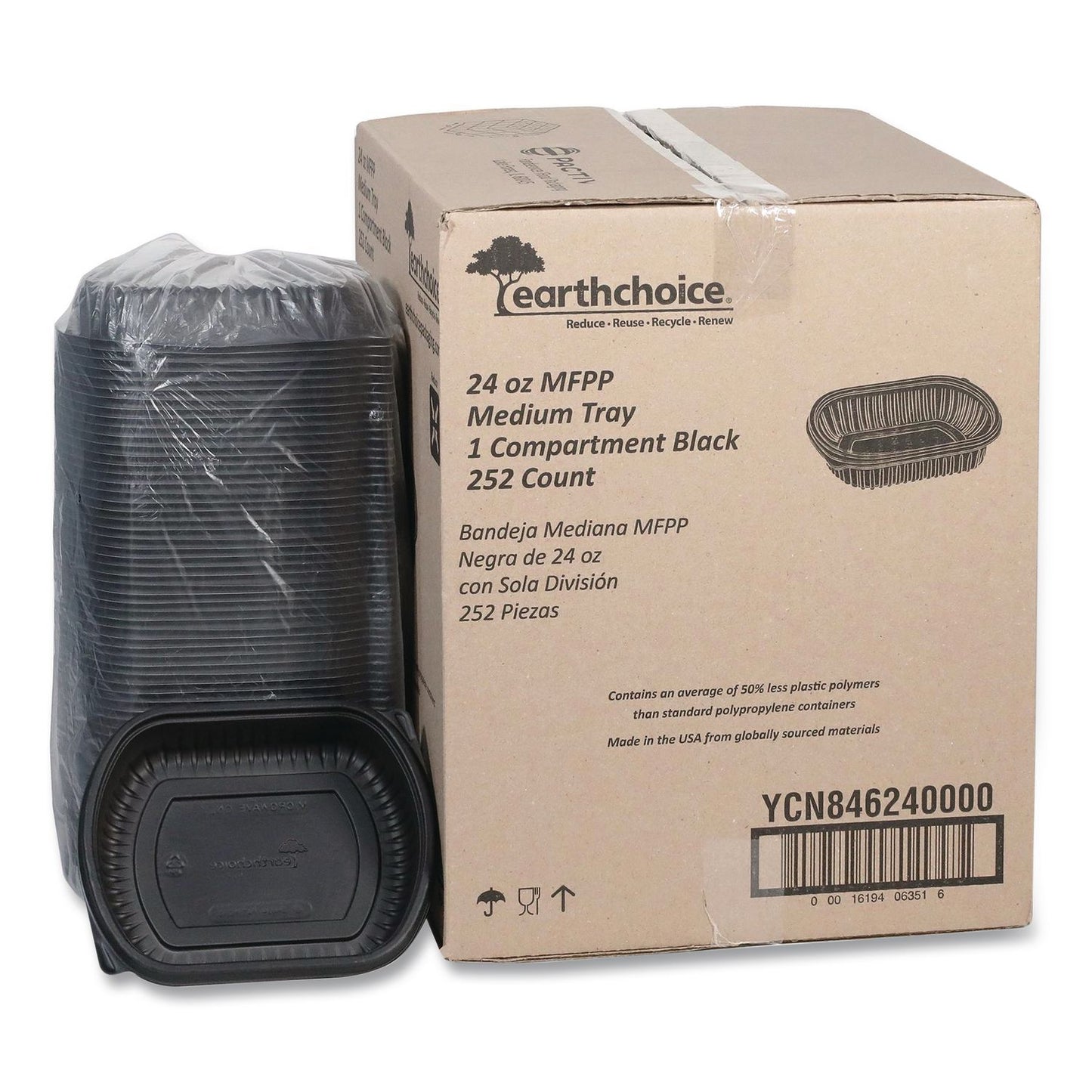 Pactiv Evergreen EarthChoice MealMaster Container, 24 oz, 8 x 6.5 x 1.5, Black, Plastic, 252/Carton (PCTYCN8462400)