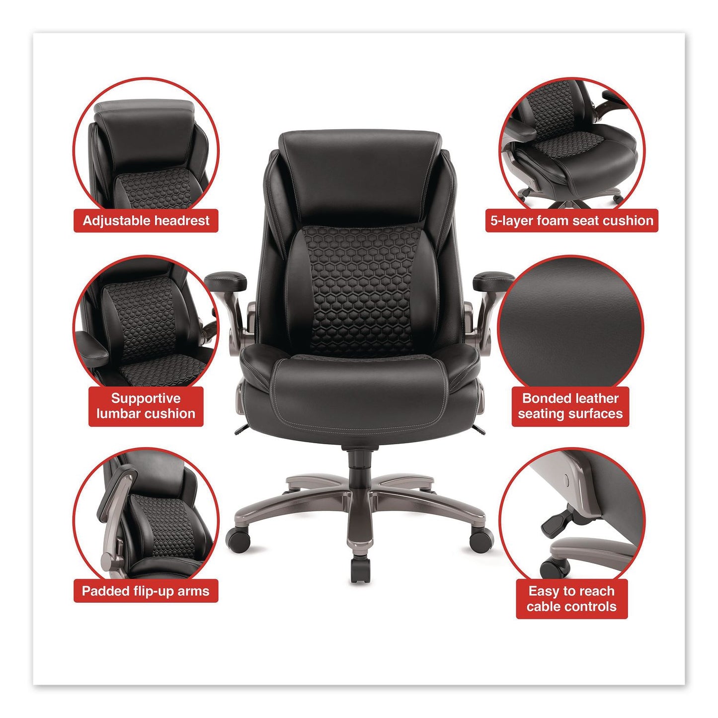 Alera® Leithen Bonded Leather Big and Tall Midback Chair, Supports 400 lbs,19.49" - 22.44" Seat Height, Black Seat/Back, Silver Base (ALELT42B49)