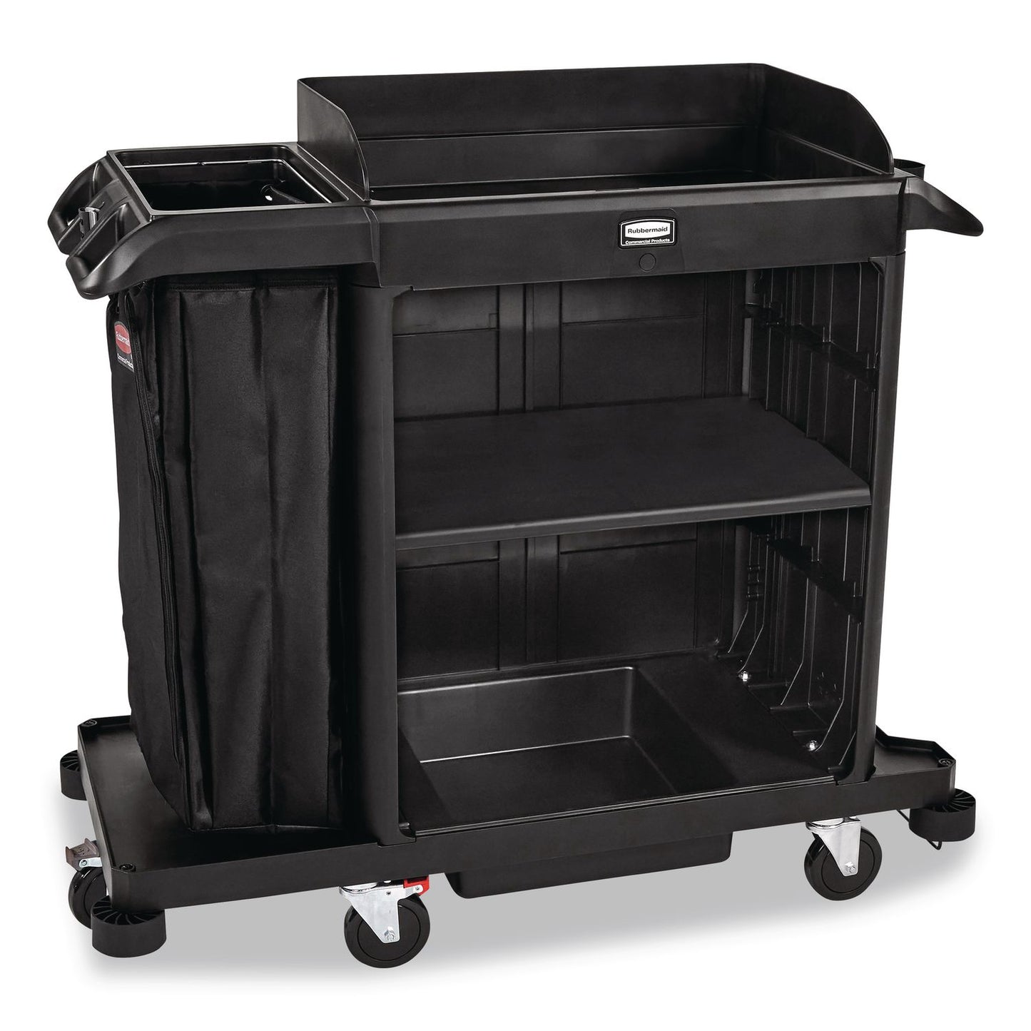 Rubbermaid® Commercial Compact Housekeeping Cart?, Plastic, 3 Shelves 1 Bin, 23 x 53.12 x 19.1, Black (RCP2202585)