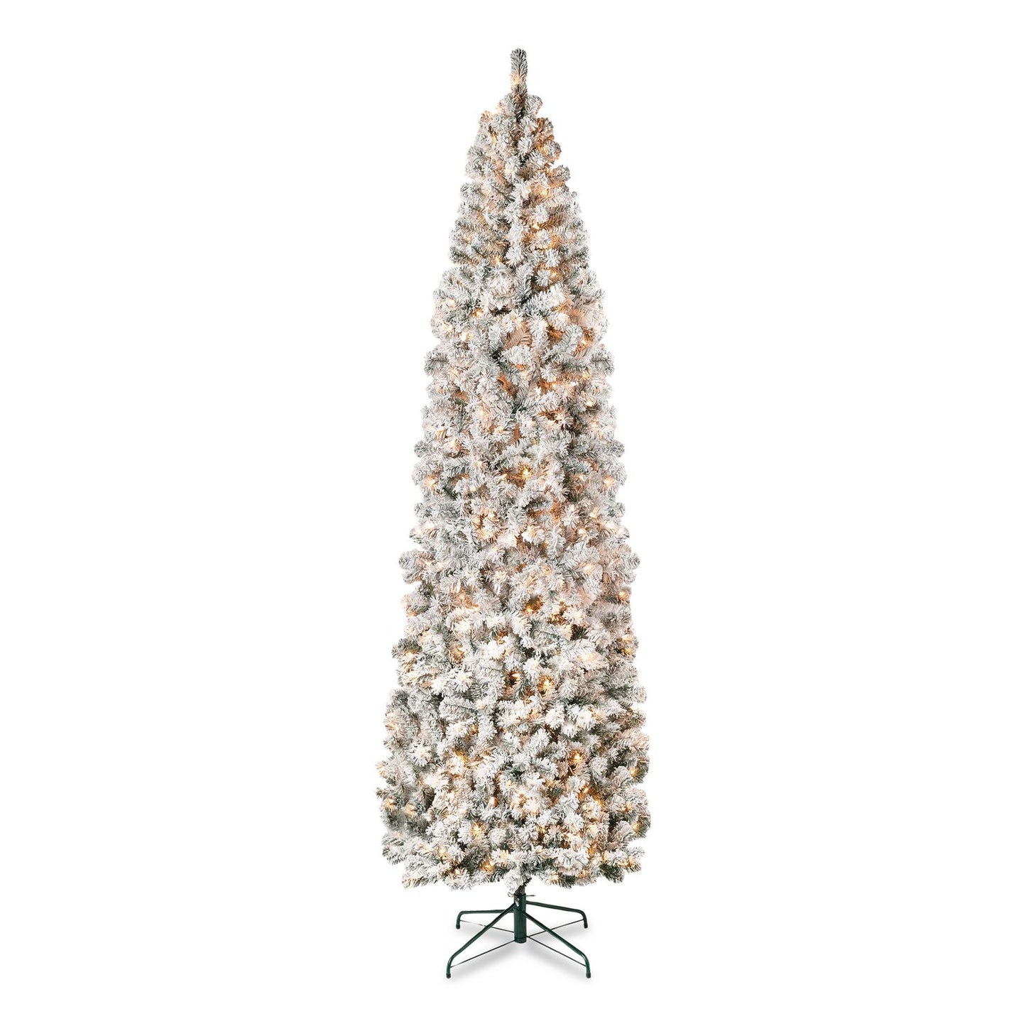 National Tree Company® Pre-Lit Acacia Flocked Slim Tree, 35" x 35" x 108", Green Tree, Green Tree Stand (NTTAC10030090F)