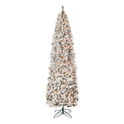 National Tree Company® Pre-Lit Acacia Flocked Slim Tree, 35" x 35" x 108", Green Tree, Green Tree Stand (NTTAC10030090F)