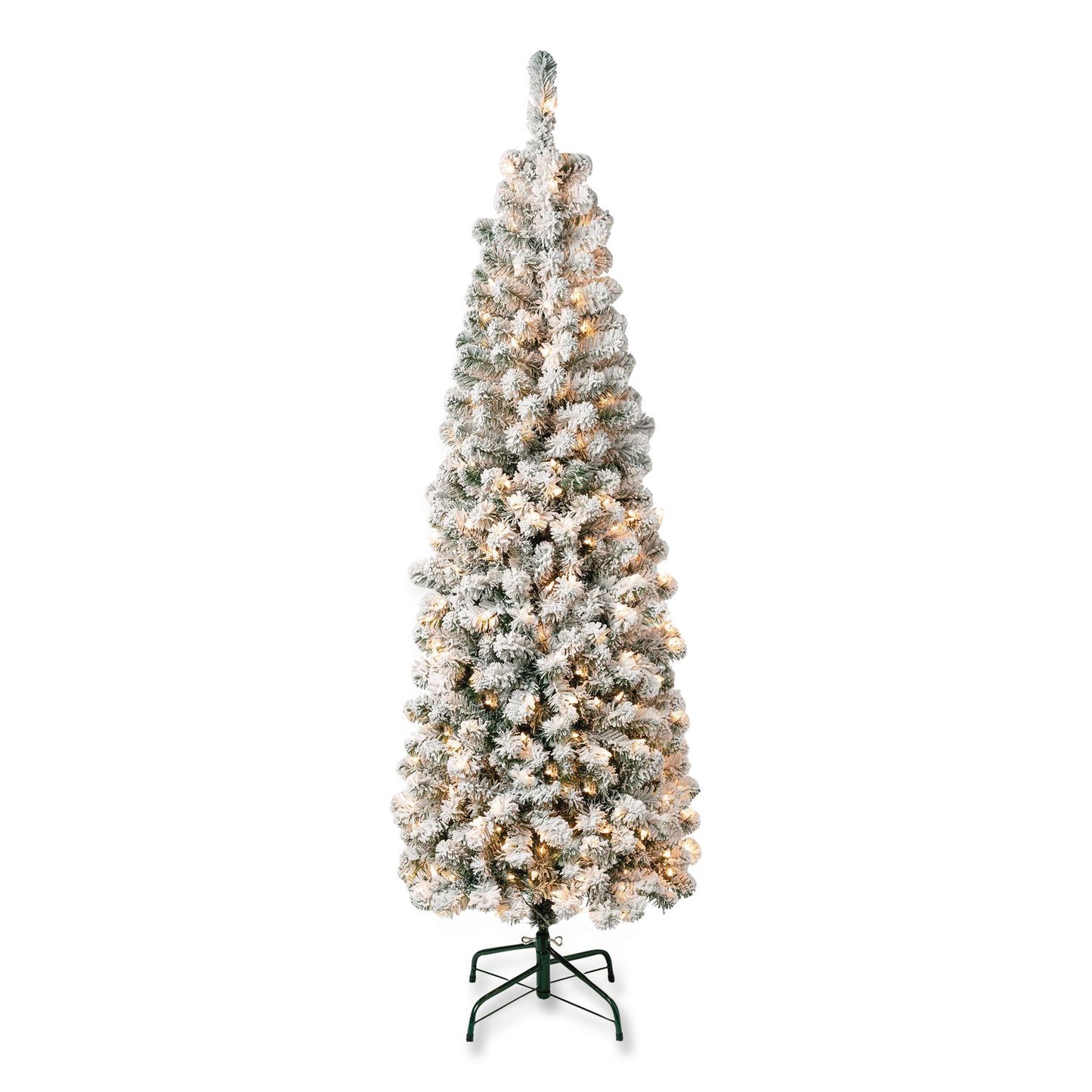 National Tree Company® Pre-Lit Acacia Flocked Slim Tree, 24" x 24" x 70.8", Green Tree, Green Tree Stand (NTTAC10030460F)