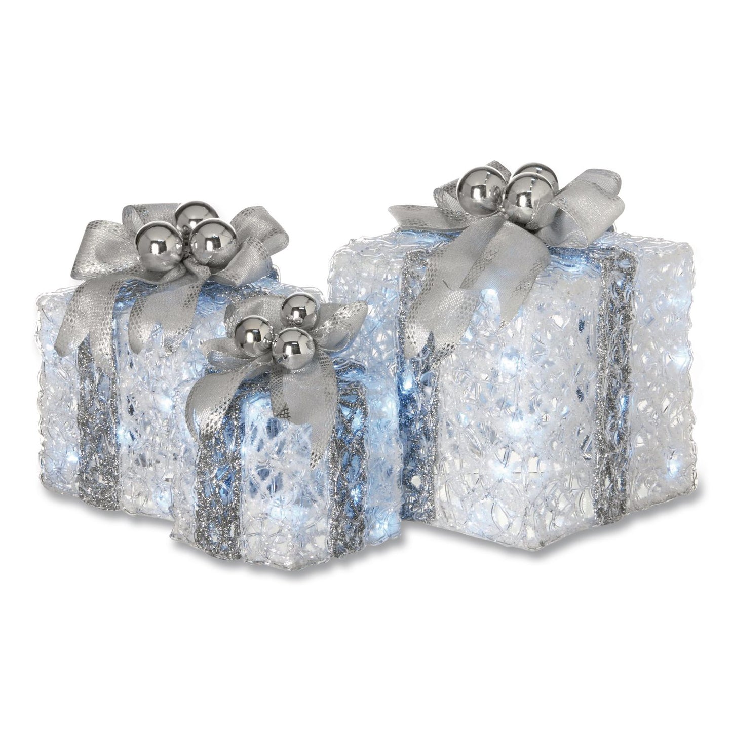 National Tree Company® Pre-Lit Decorated White Gift Box Assortment, AC Powered, Cool White LED Lights, 8", 10", 12", White (NTTDF07004L)