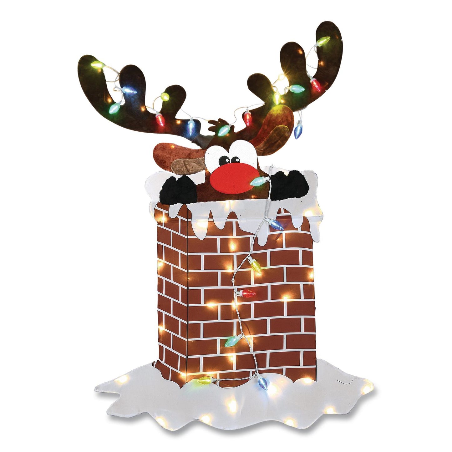 National Tree Company® Pre-Lit Reindeer Stuck in Chimney Decoration, AC Powered, Blue/Green/Red/Yellow LED Lights, 12" x 33" x 47", Red (NTTDF21070015L)