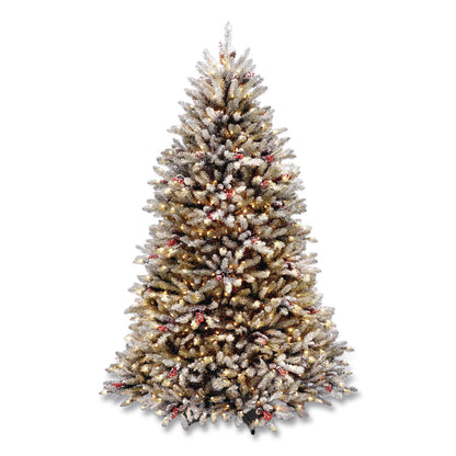 National Tree Company® Pre-Lit Dunhill Fir Snowy Tree, 53" x 53" x 78", Green Tree, Green Tree Stand (NTTDUF30065)