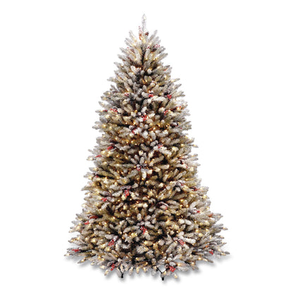 National Tree Company® Pre-Lit Dunhill Fir Snowy Tree, 55" x 55" x 84", Green Tree, Green Tree Stand (NTTDUF30070)