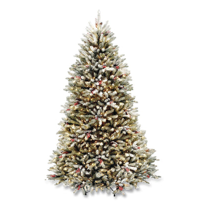 National Tree Company® Pre-Lit Dunhill Fir Snowy Tree, 59" x 59" x 90", Green Tree, Green Tree Stand (NTTDUF30075)