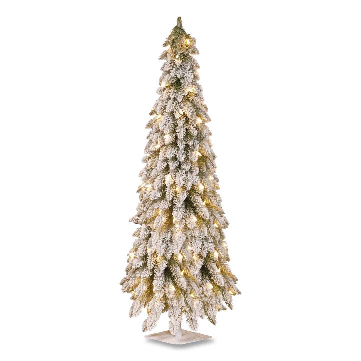 National Tree Company® Pre-Lit Snowy Downswept Forest Slim Tree, 19" x 19" x 60", Green Tree, White Square Metal Plate (NTTFTDF160ALO)