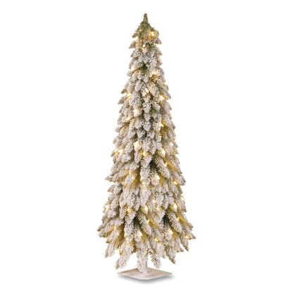 National Tree Company® Pre-Lit Snowy Downswept Forest Slim Tree, 19" x 19" x 60", Green Tree, White Square Metal Plate (NTTFTDF160ALO)