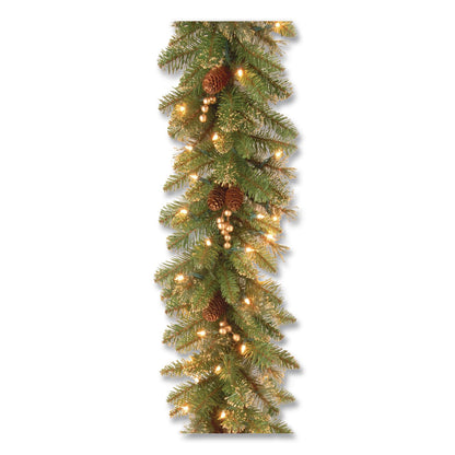 National Tree Company® Pre-Lit Glittery Pine Gold Garland, AC Powered, Clear Incandescent Lights, 108" Long, Green (NTTGPG33419A)