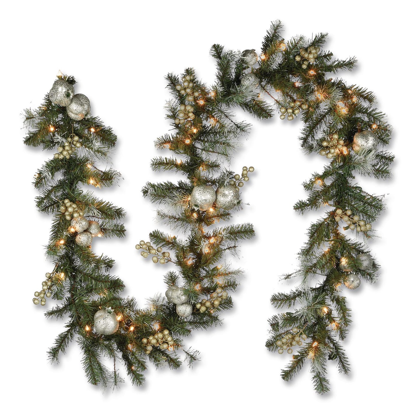 National Tree Company® Pre-Lit Glittery Pine Pomegranate Garland, AC Powered, Clear Incandescent Lights, 108" Long, Green (NTTGTP13029B1)
