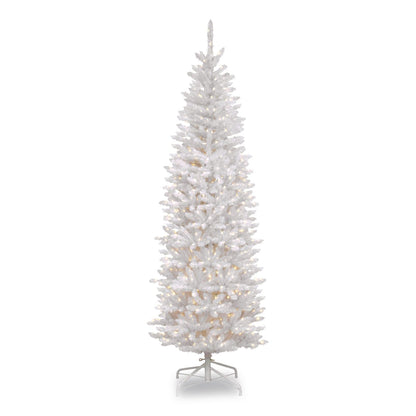 National Tree Company® Pre-Lit Kingswood Fir Pencil Tree, 28" x 28" x 78", White Tree, White Tree Stand (NTTKWW730065)