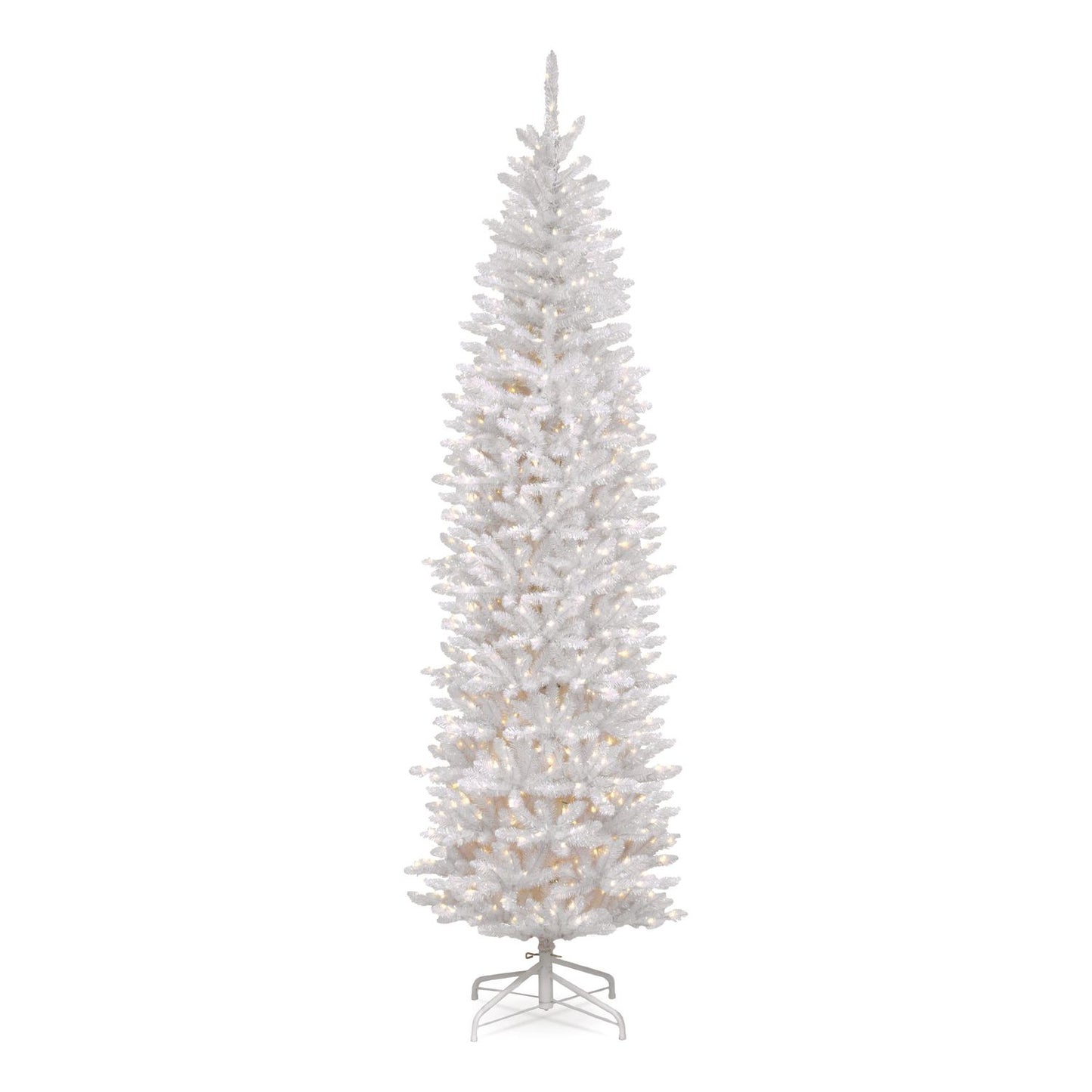 National Tree Company® Pre-Lit Kingswood Fir Pencil Slim Tree, 35" x 35" x 108", White Tree, White Tree Stand (NTTKWW730090)