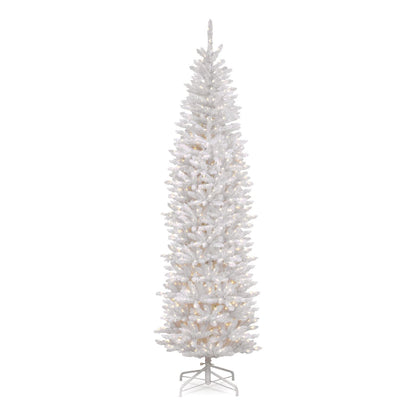 National Tree Company® Pre-Lit Kingswood Fir Pencil Slim Tree, 35" x 35" x 108", White Tree, White Tree Stand (NTTKWW730090)