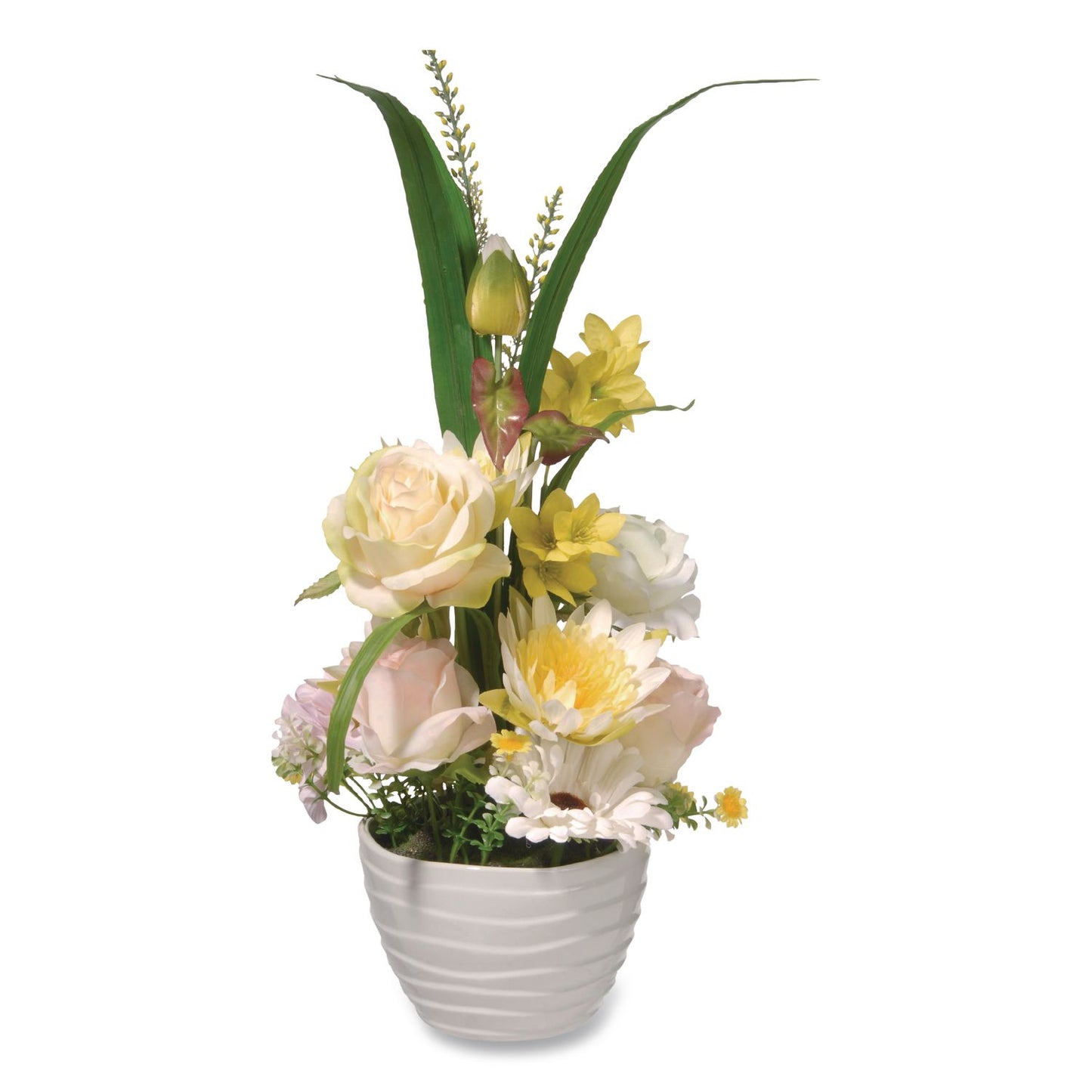National Tree Company® Spring White Daises and Roses Flowerpot, 9" x 9" x 17", White Flowers, White Pot (NTTNF365521)