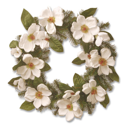 National Tree Company® North Valley Spruce Magnolia Wreath, 24" Diameter x 3.5"h, White (NTTNRV71324W)