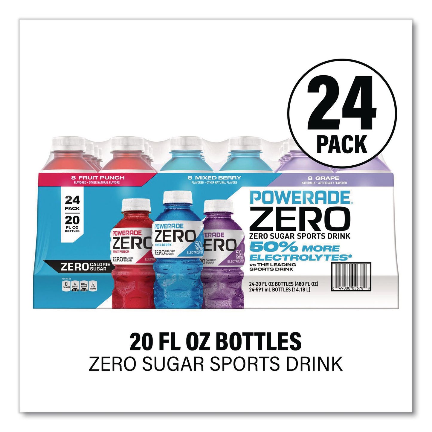 POWERADE® Zero Sports Drink, Assorted Flavors, 20 oz, 24/Carton (GRR22002679)
