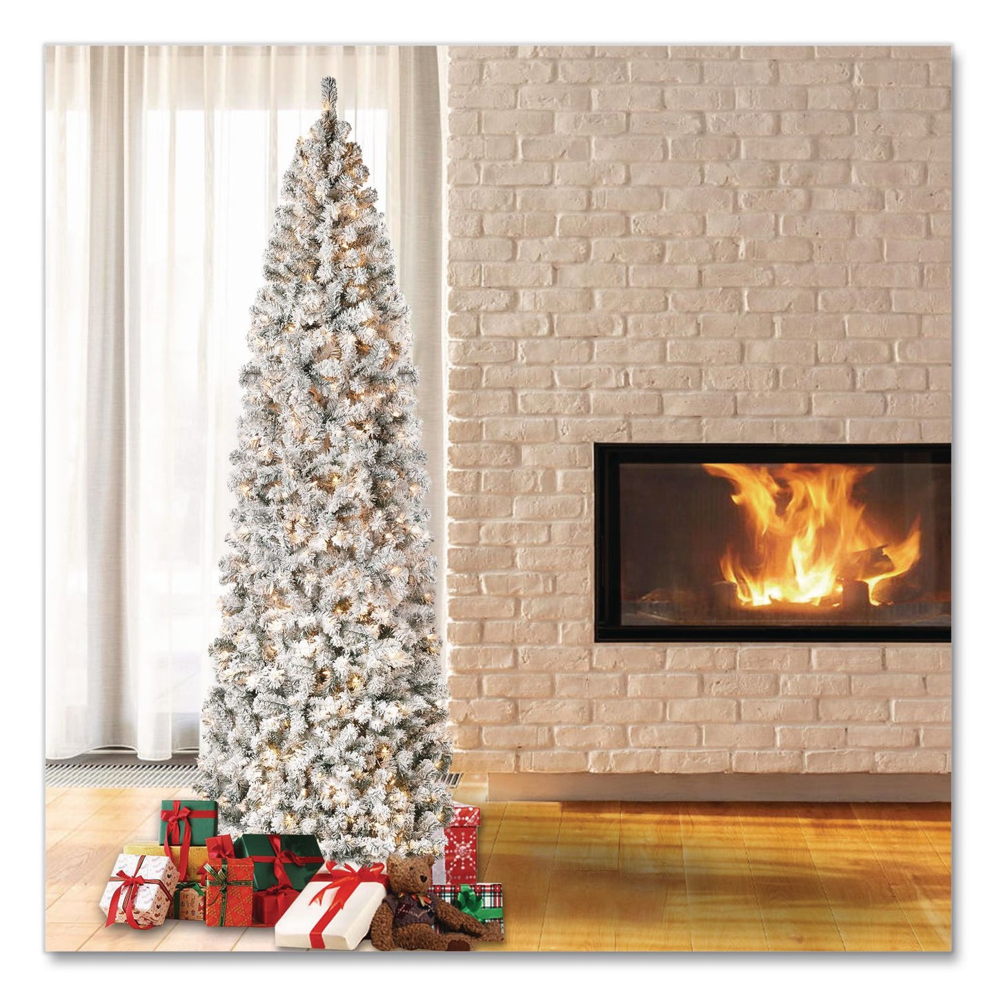 National Tree Company® Pre-Lit Acacia Flocked Slim Tree, 35" x 35" x 108", Green Tree, Green Tree Stand (NTTAC10030090F)