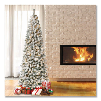 National Tree Company® Pre-Lit Acacia Medium Flocked Tree, 34" x 34" x 89", Green Tree, Green Tree Stand (NTTAC10030275F)