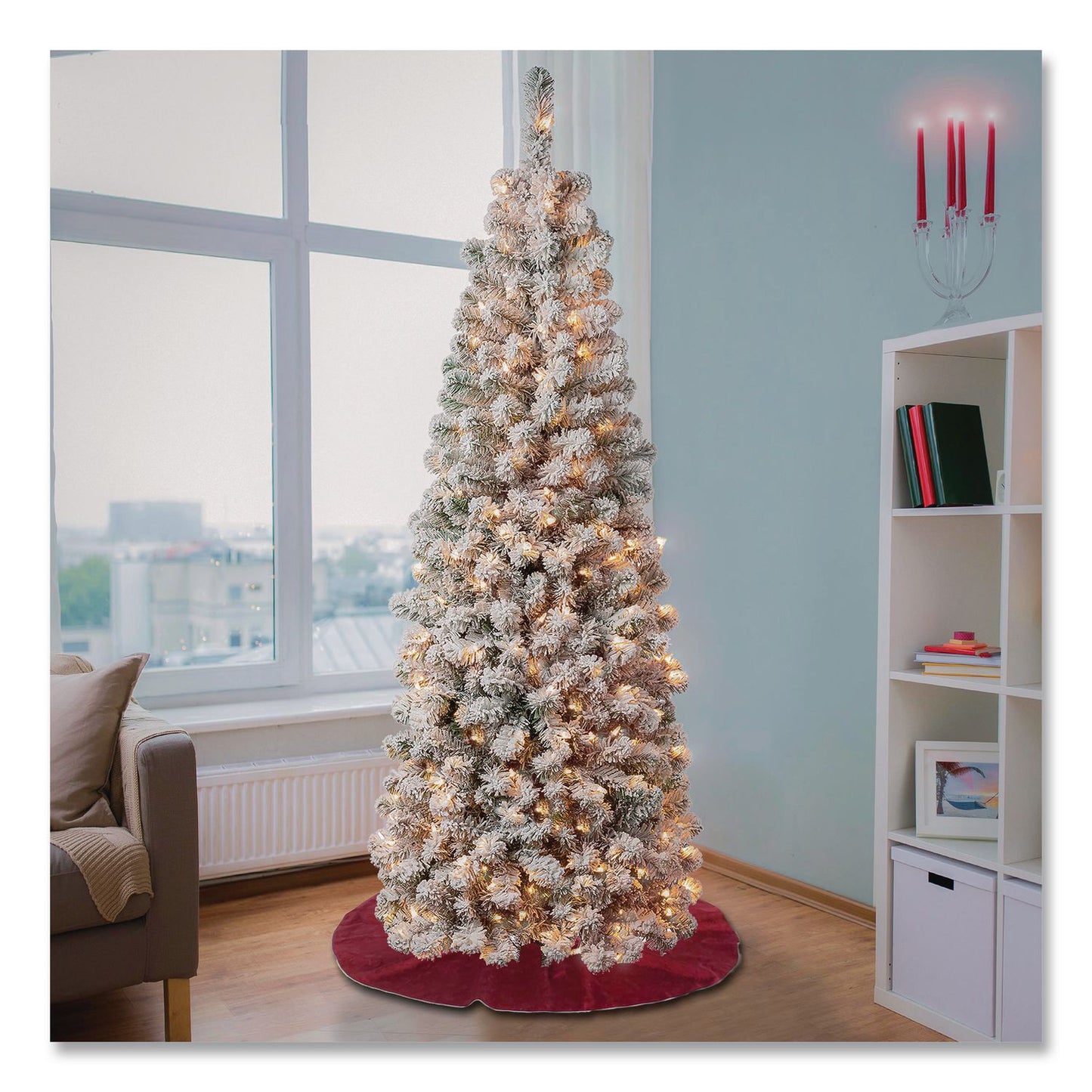 National Tree Company® Pre-Lit Acacia Flocked Slim Tree, 24" x 24" x 70.8", Green Tree, Green Tree Stand (NTTAC10030460F)