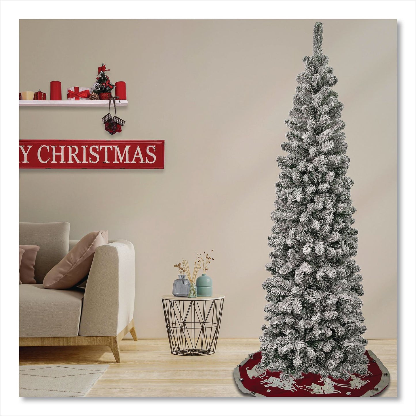 National Tree Company® Acacia Pencil Slim Flocked Tree, 26" x 26" x 88.5", Green Tree, Green Tree Stand (NTTAC10050475F)