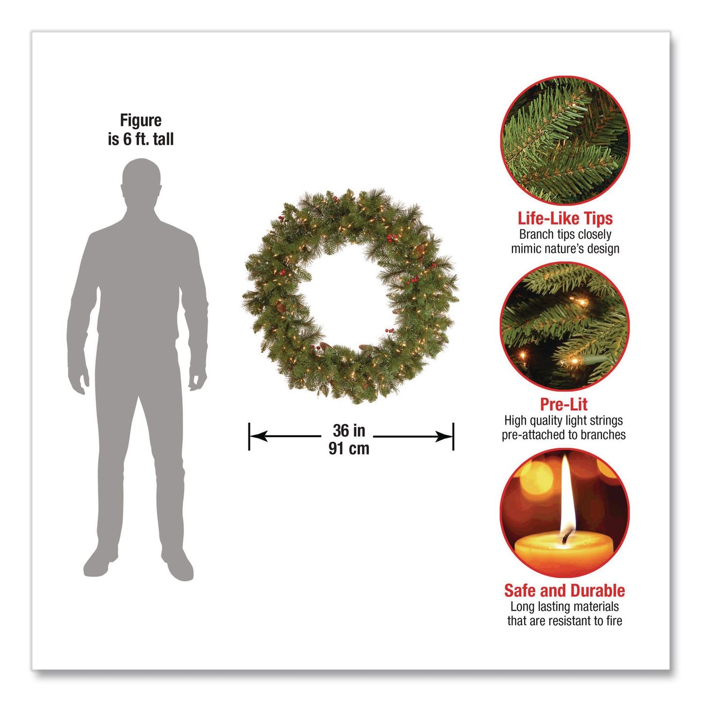 National Tree Company® Pre-Lit Crestwood Spruce Wreath, AC Powered, Clear Incandescent Lights, 36" Diameter x 5"h, Green (NTTCW730636W1)