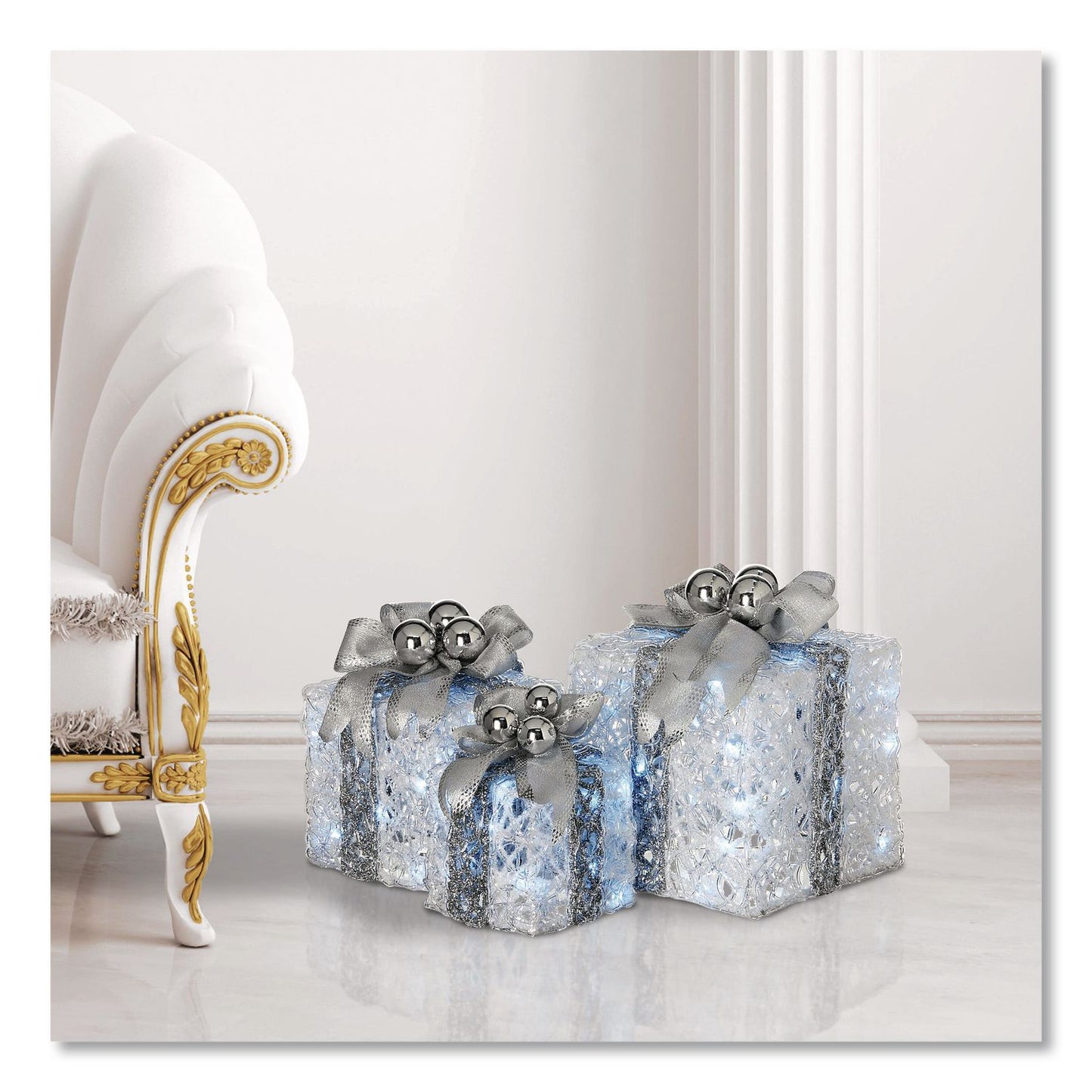 National Tree Company® Pre-Lit Decorated White Gift Box Assortment, AC Powered, Cool White LED Lights, 8", 10", 12", White (NTTDF07004L)