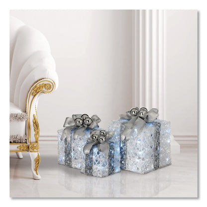 National Tree Company® Pre-Lit Decorated White Gift Box Assortment, AC Powered, Cool White LED Lights, 8", 10", 12", White (NTTDF07004L)